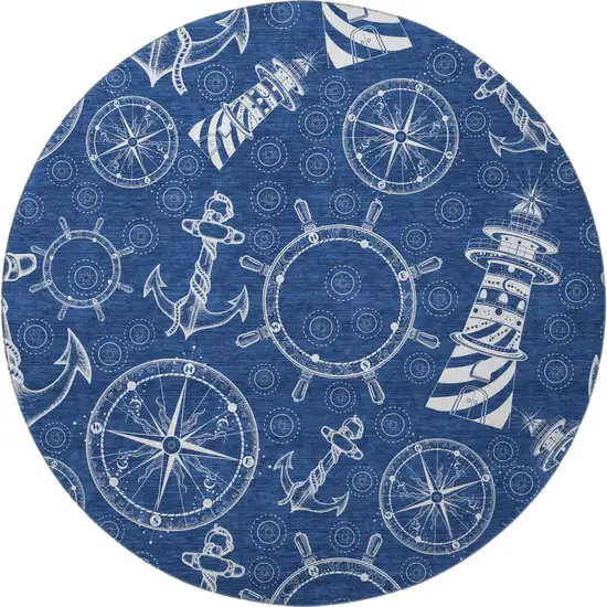 8' Navy Blue And Ivory Nautical Washable Round Rug With UV Protection Photo 4
