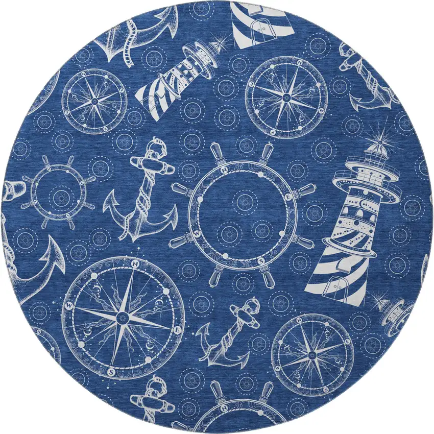 8' Navy Blue And Ivory Nautical Washable Round Rug With UV Protection Photo 4