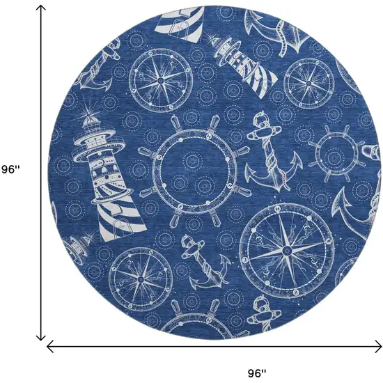 8' Navy Blue And Ivory Nautical Washable Round Rug With UV Protection Photo 3