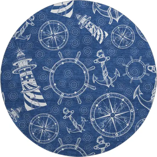 8' Navy Blue And Ivory Nautical Washable Round Rug With UV Protection Photo 2
