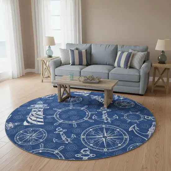 8' Navy Blue And Ivory Nautical Washable Round Rug With UV Protection Photo 1