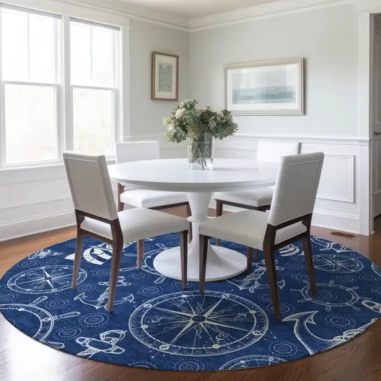 8' Navy Blue And Ivory Nautical Washable Round Rug With UV Protection Photo 5