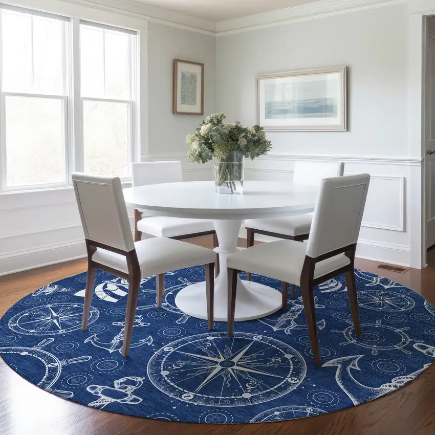 8' Navy Blue And Ivory Nautical Washable Round Rug With UV Protection Photo 5