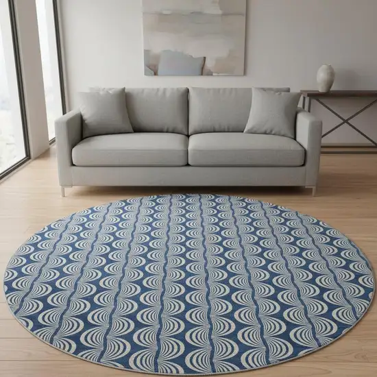 8' Navy Blue And Ivory Ogee Washable Round Rug With UV Protection Photo 2