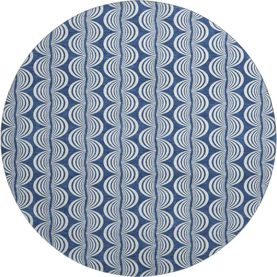 8' Navy Blue And Ivory Ogee Washable Round Rug With UV Protection Photo 1