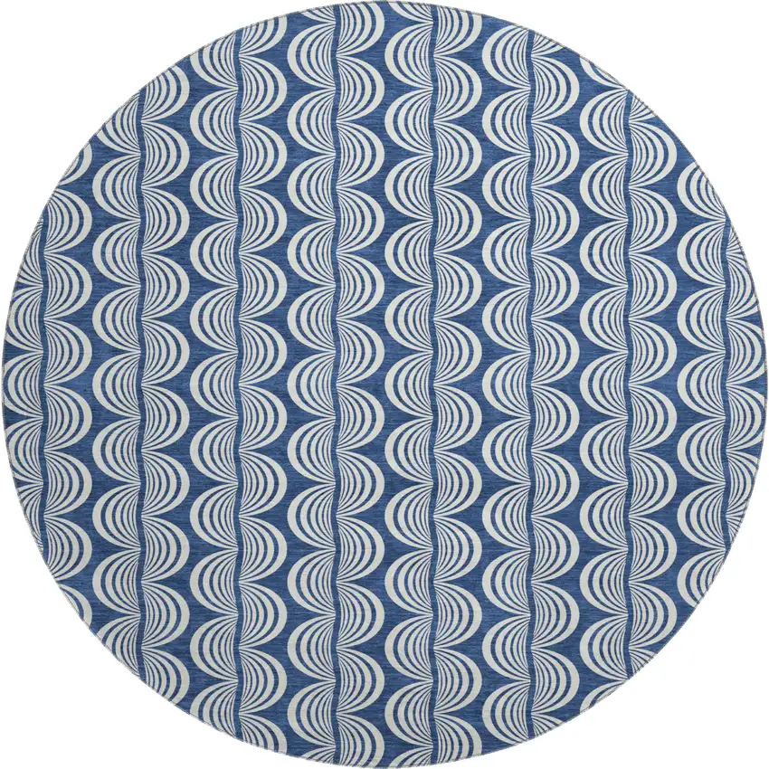 8' Navy Blue And Ivory Ogee Washable Round Rug With UV Protection Photo 1