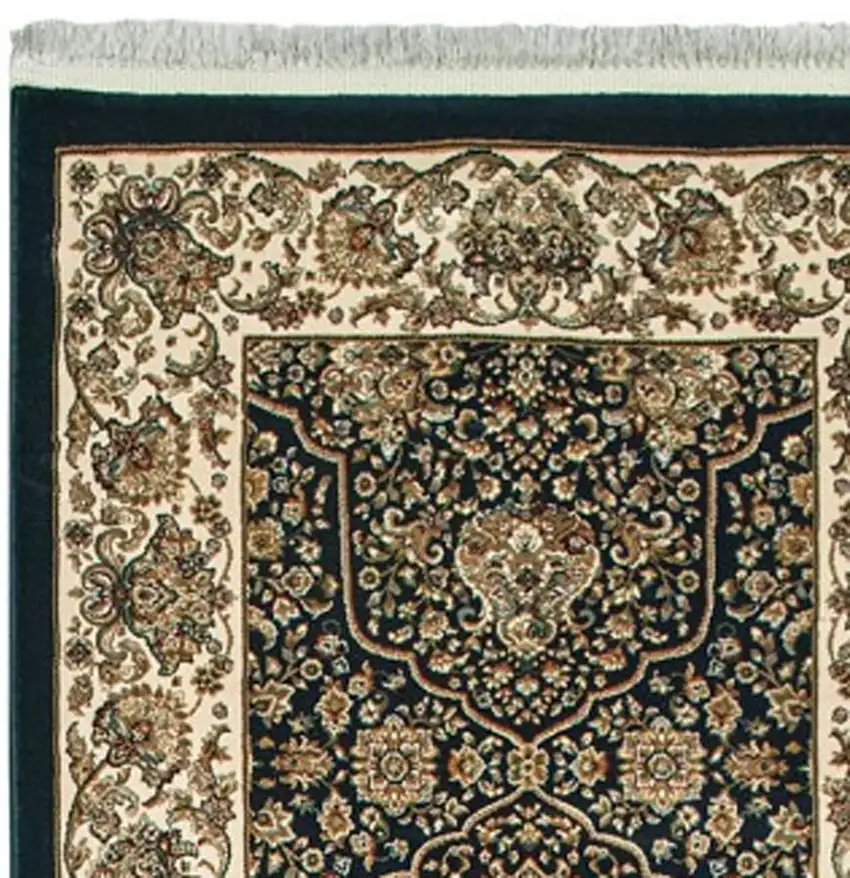 10' Navy Blue And Ivory Oriental Runner Rug With Fringe Photo 4