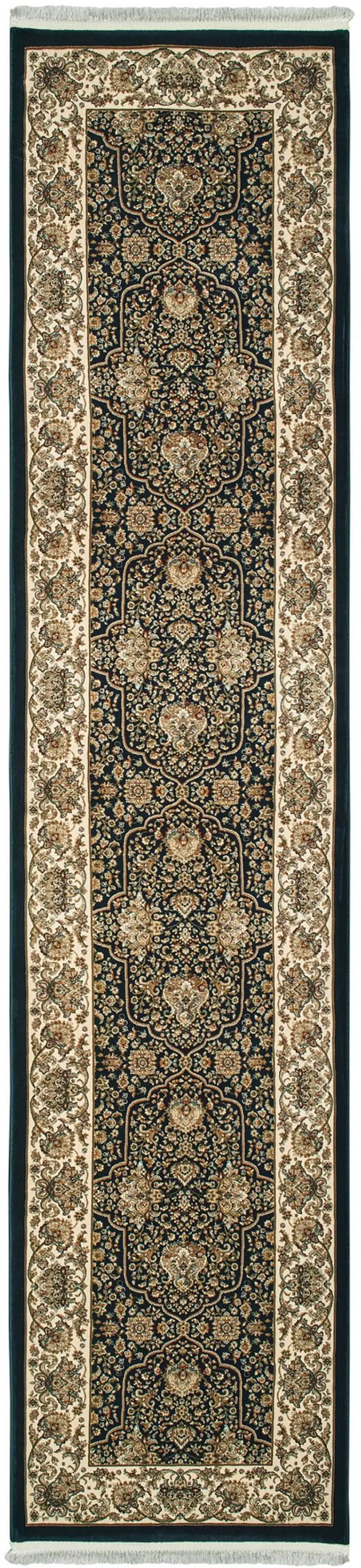 10' Navy Blue And Ivory Oriental Runner Rug With Fringe Photo 2