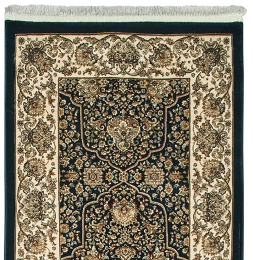 10' Navy Blue And Ivory Oriental Runner Rug With Fringe Photo 5