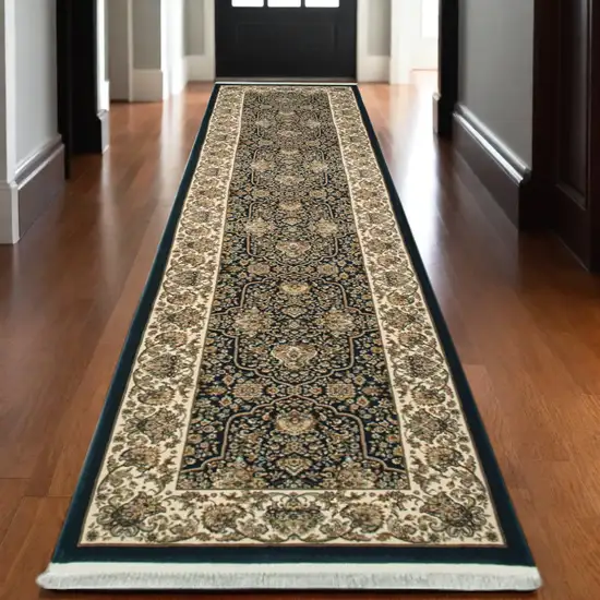 10' Navy Blue And Ivory Oriental Runner Rug With Fringe Photo 1