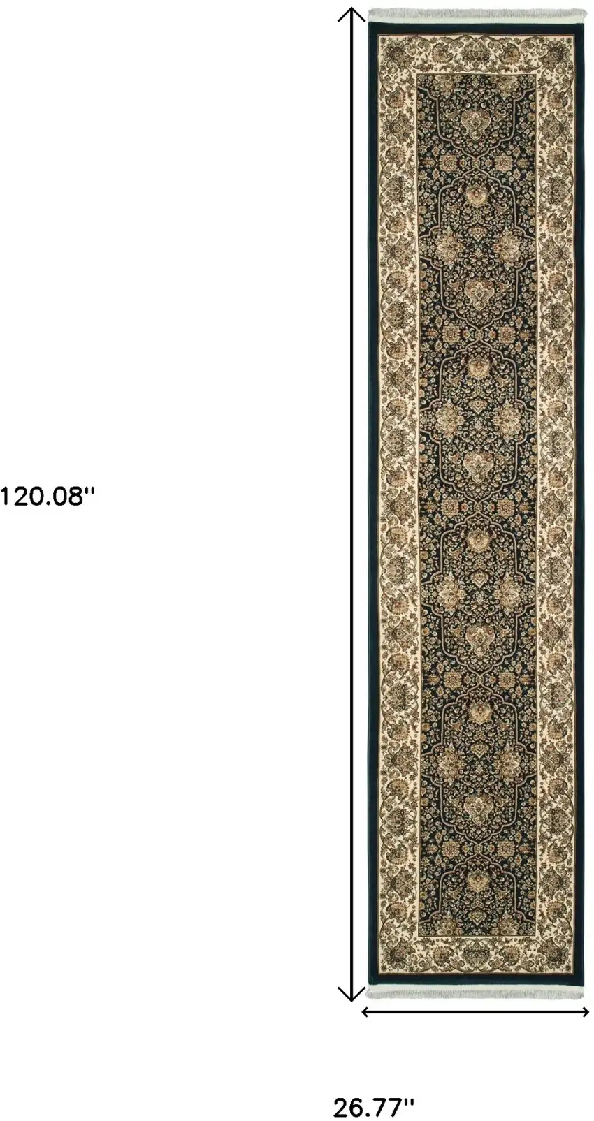 10' Navy Blue And Ivory Oriental Runner Rug With Fringe Photo 3