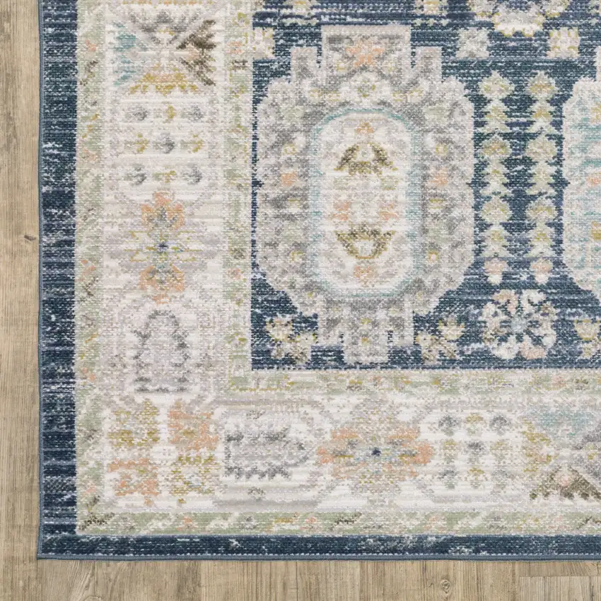 8' Navy Blue And Ivory Oriental Runner Rug Photo 8