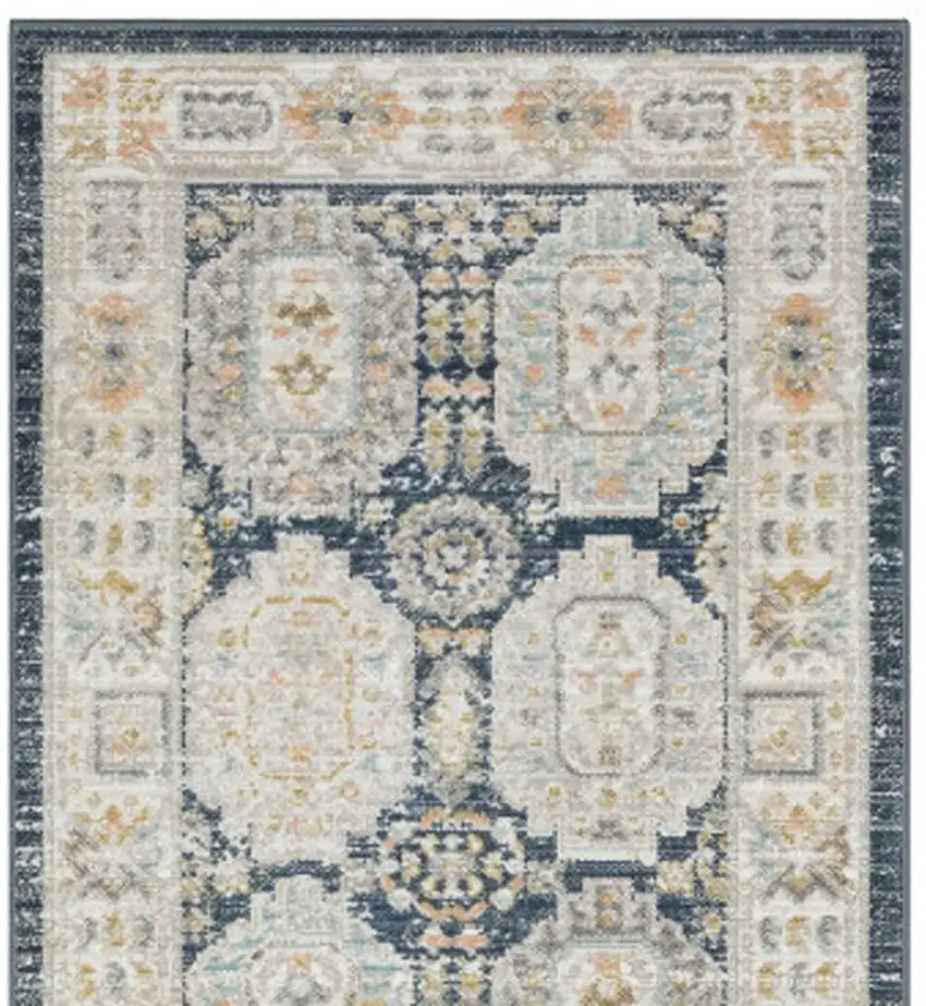 8' Navy Blue And Ivory Oriental Runner Rug Photo 4