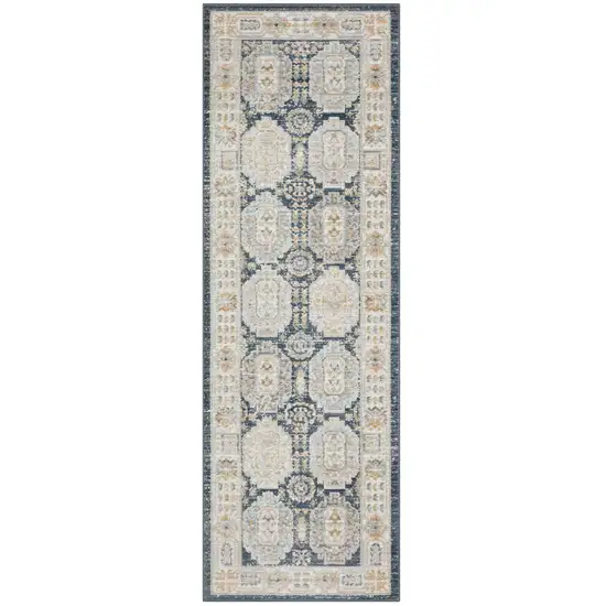 8' Navy Blue And Ivory Oriental Runner Rug Photo 2