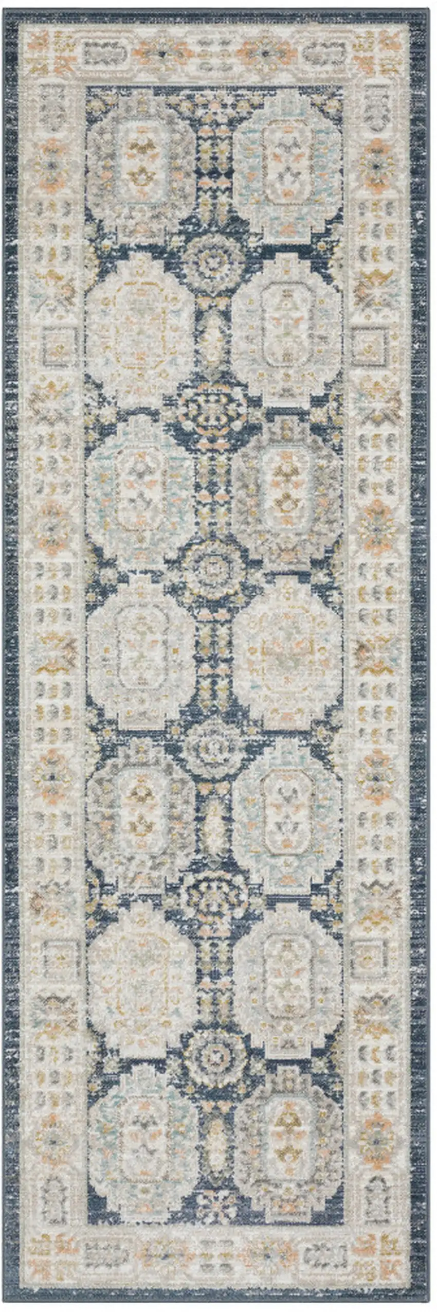 8' Navy Blue And Ivory Oriental Runner Rug Photo 2