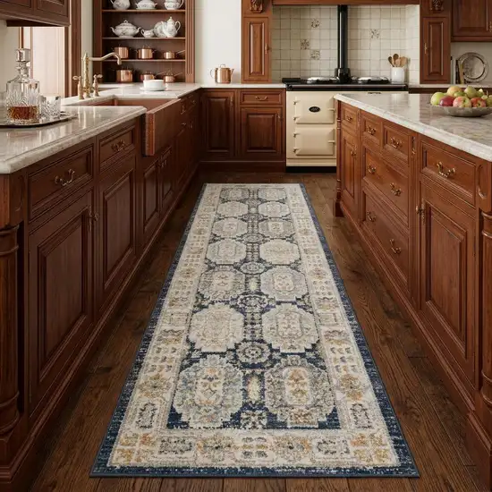 8' Navy Blue And Ivory Oriental Runner Rug Photo 1