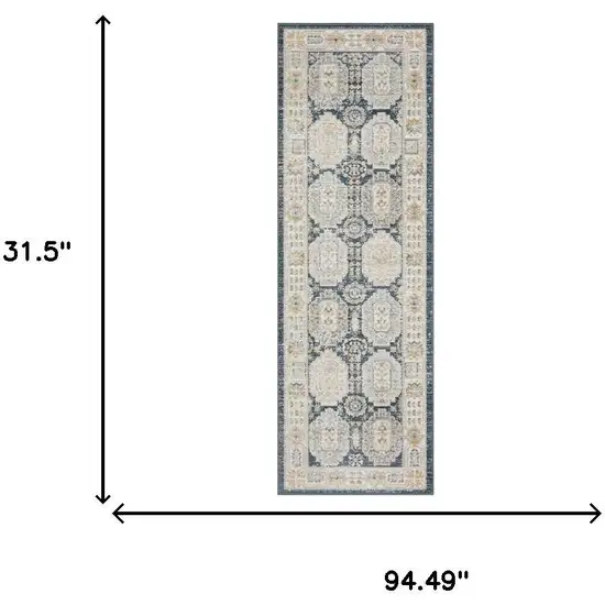 8' Navy Blue And Ivory Oriental Runner Rug Photo 9