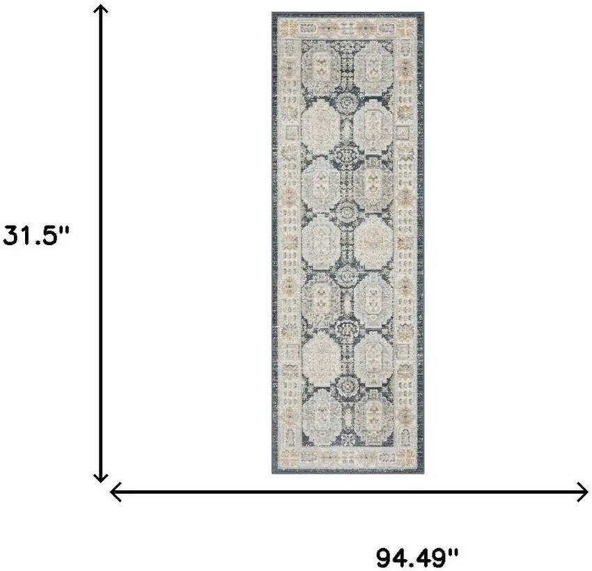 8' Navy Blue And Ivory Oriental Runner Rug Photo 9