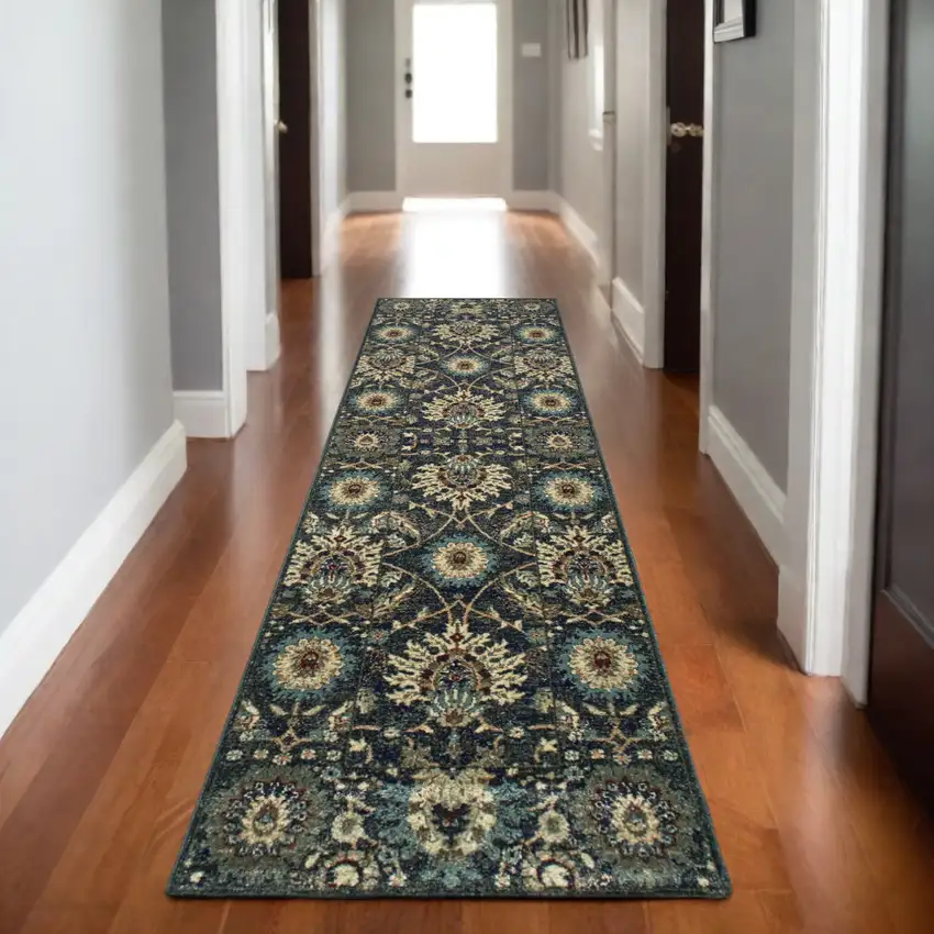 8' Navy Blue And Ivory Oriental Runner Rug Photo 6