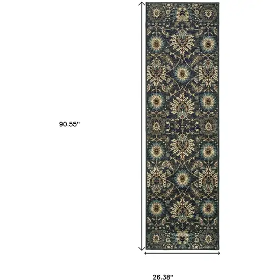 8' Navy Blue And Ivory Oriental Runner Rug Photo 5
