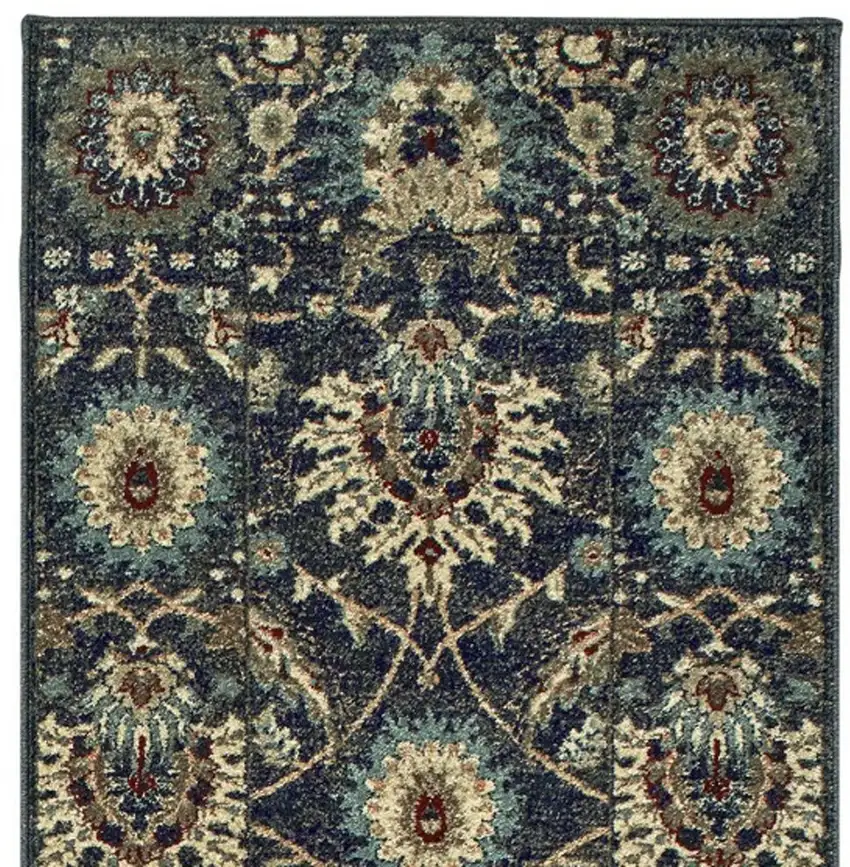 8' Navy Blue And Ivory Oriental Runner Rug Photo 2