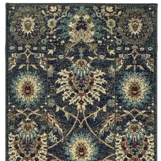 8' Navy Blue And Ivory Oriental Runner Rug Photo 2