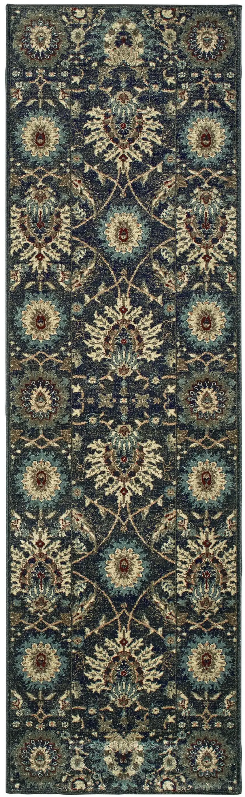 8' Navy Blue And Ivory Oriental Runner Rug Photo 1