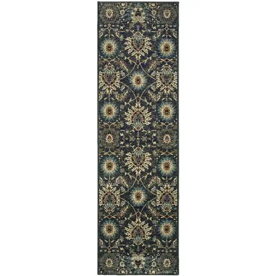 8' Navy Blue And Ivory Oriental Runner Rug Photo 1