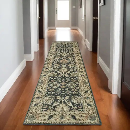 8' Navy Blue And Ivory Oriental Runner Rug Photo 1
