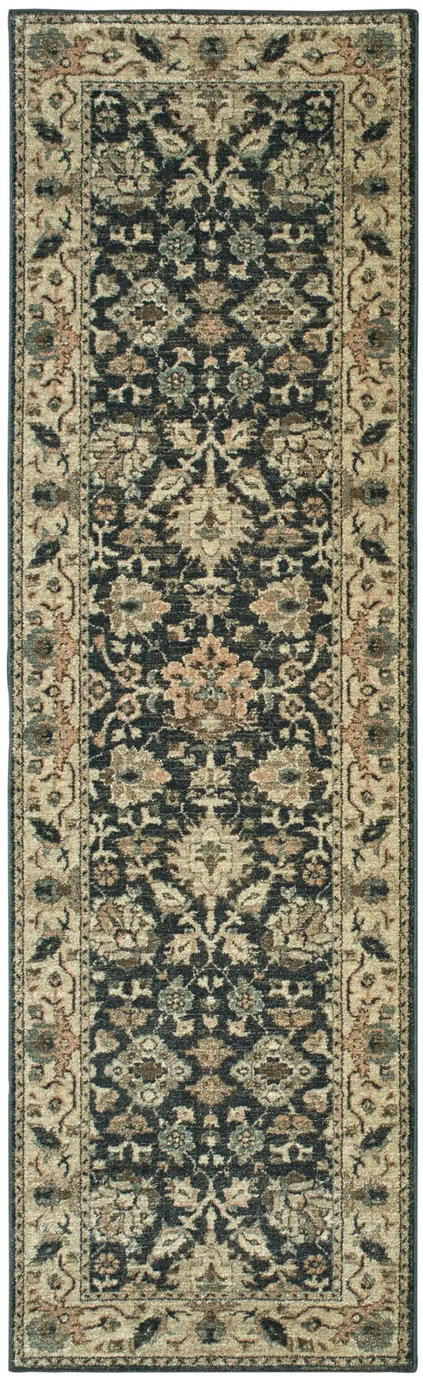 8' Navy Blue And Ivory Oriental Runner Rug Photo 2