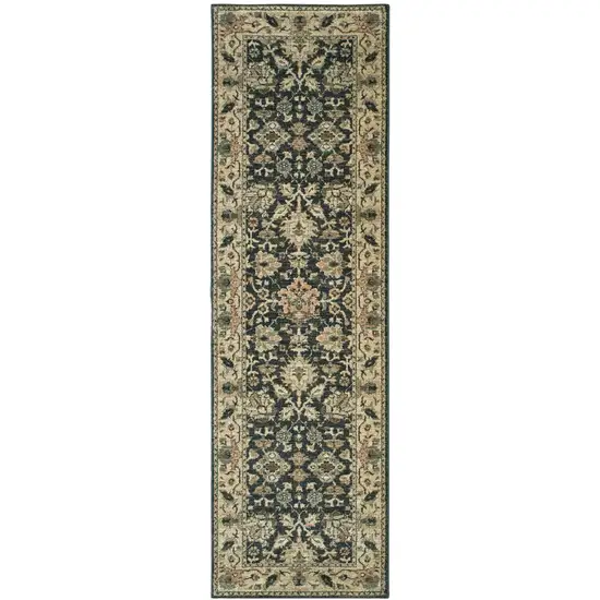 8' Navy Blue And Ivory Oriental Runner Rug Photo 2