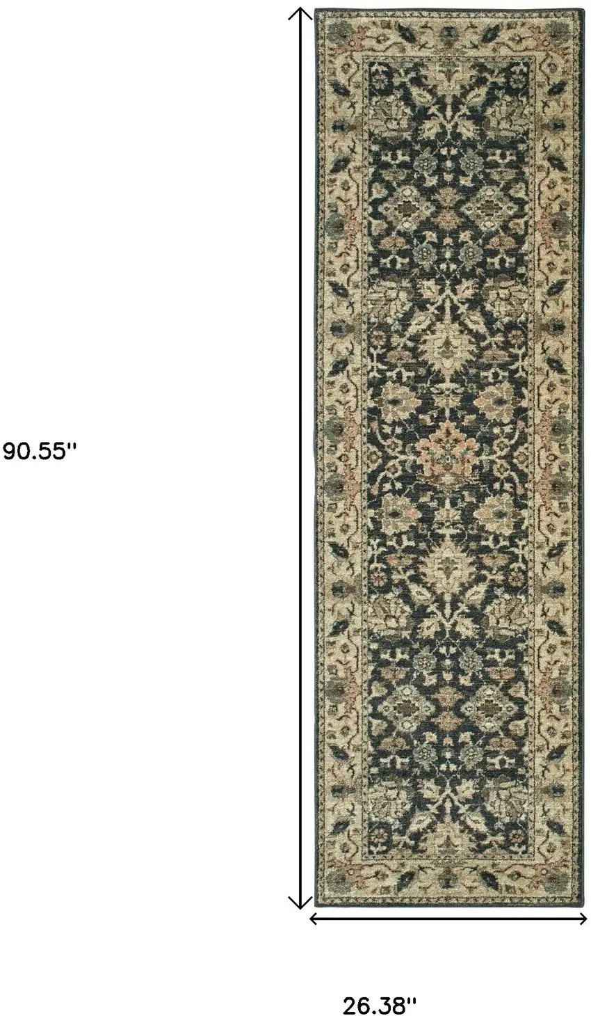 8' Navy Blue And Ivory Oriental Runner Rug Photo 3