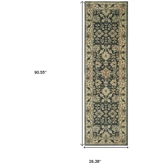 8' Navy Blue And Ivory Oriental Runner Rug Photo 3