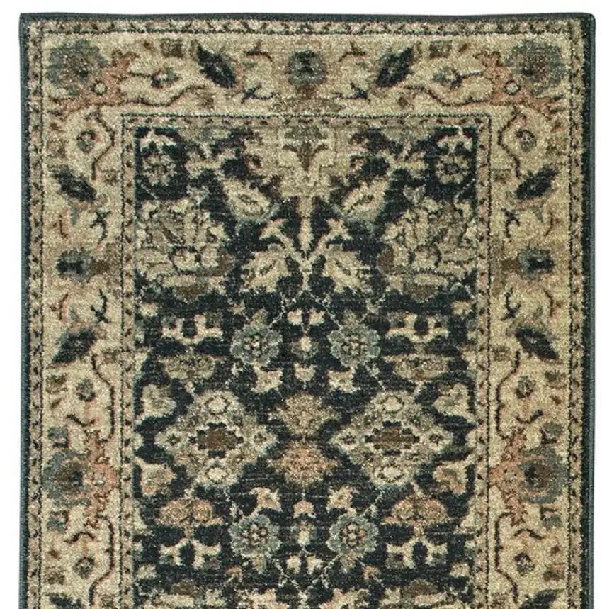 8' Navy Blue And Ivory Oriental Runner Rug Photo 4