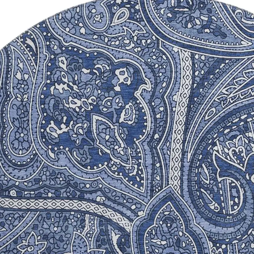 8' Navy Blue And Ivory Paisley Washable Round Rug With UV Protection Photo 3