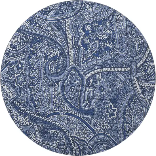8' Navy Blue And Ivory Paisley Washable Round Rug With UV Protection Photo 4