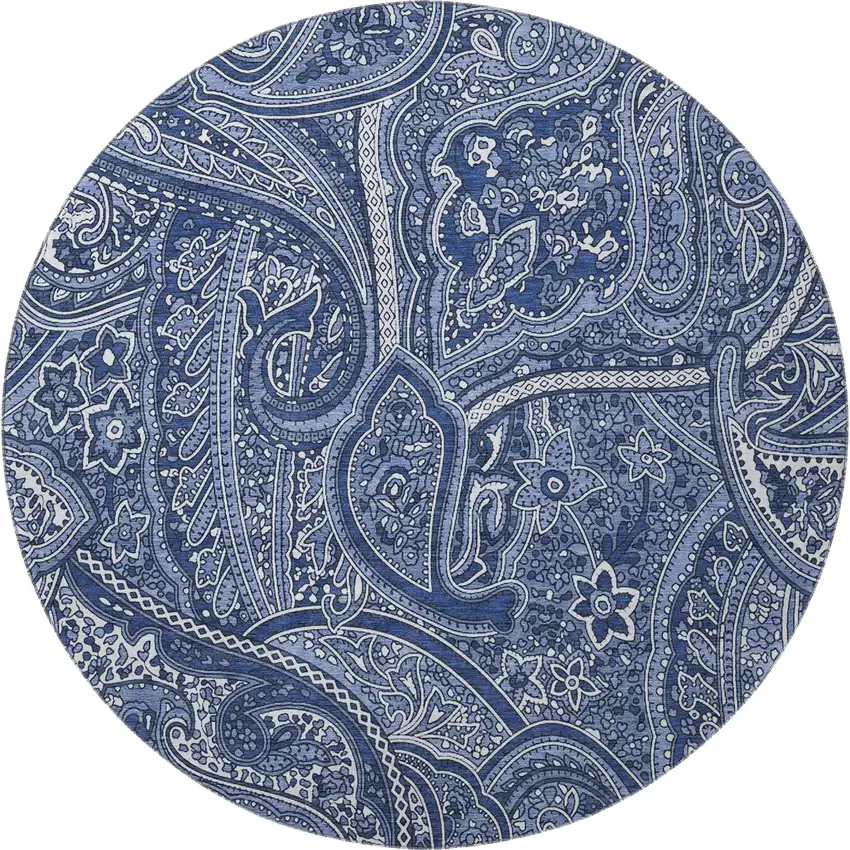 8' Navy Blue And Ivory Paisley Washable Round Rug With UV Protection Photo 4