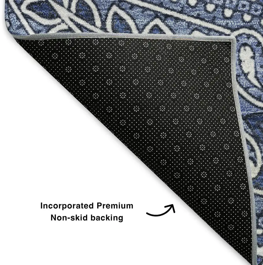 8' Navy Blue And Ivory Paisley Washable Round Rug With UV Protection Photo 6