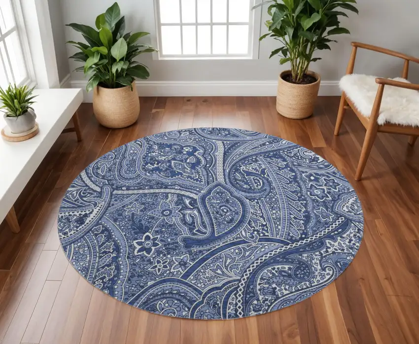 8' Navy Blue And Ivory Paisley Washable Round Rug With UV Protection Photo 2