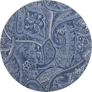 Photo of 8' Navy Blue And Ivory Paisley Washable Round Rug With UV Protection