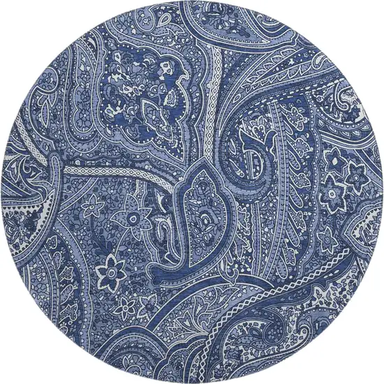 8' Navy Blue And Ivory Paisley Washable Round Rug With UV Protection Photo 1