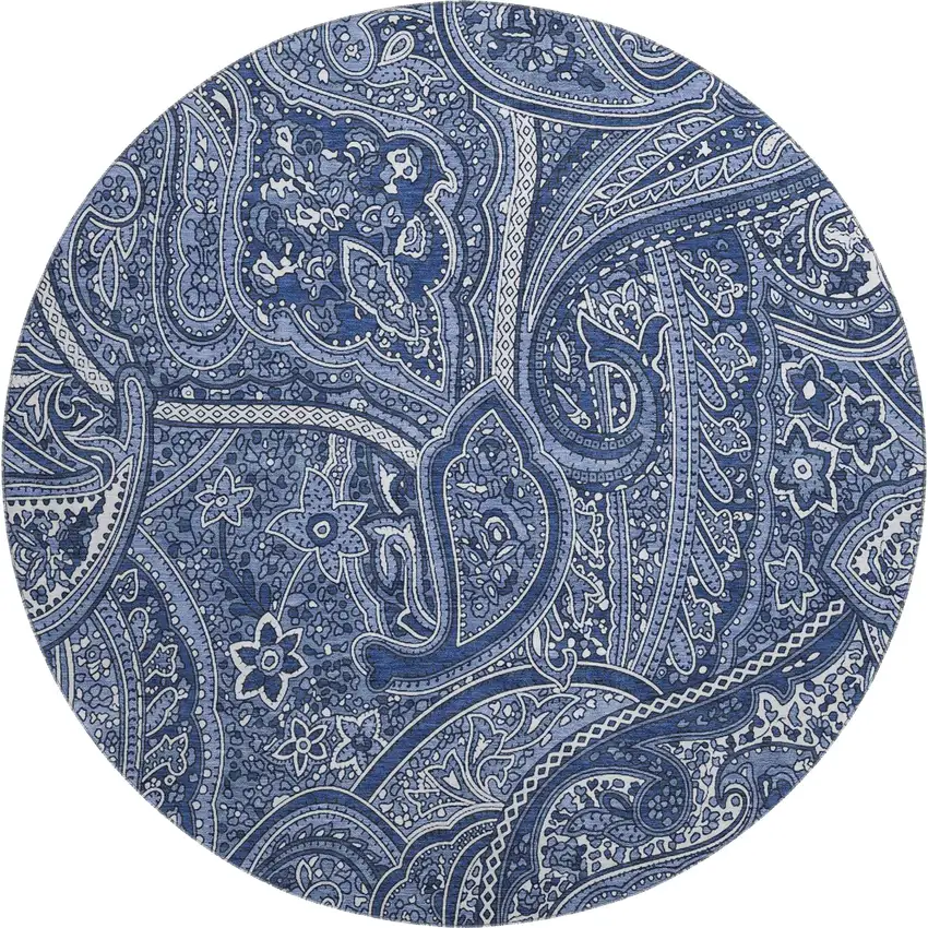 8' Navy Blue And Ivory Paisley Washable Round Rug With UV Protection Photo 1
