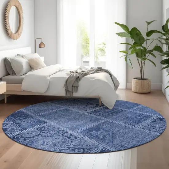 8' Navy Blue And Ivory Patchwork Washable Round Rug With UV Protection Photo 5