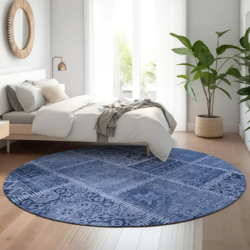 8' Navy Blue And Ivory Patchwork Washable Round Rug With UV Protection Photo 5