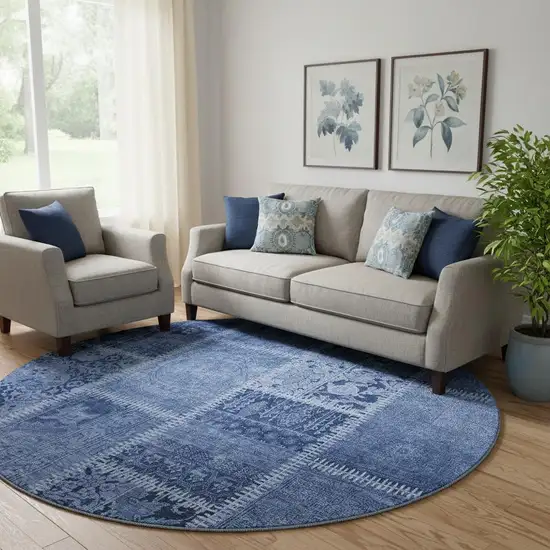 8' Navy Blue And Ivory Patchwork Washable Round Rug With UV Protection Photo 1