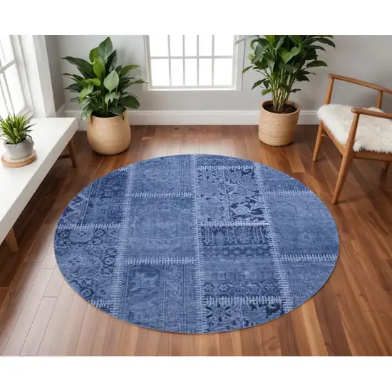 8' Navy Blue And Ivory Patchwork Washable Round Rug With UV Protection Photo 2