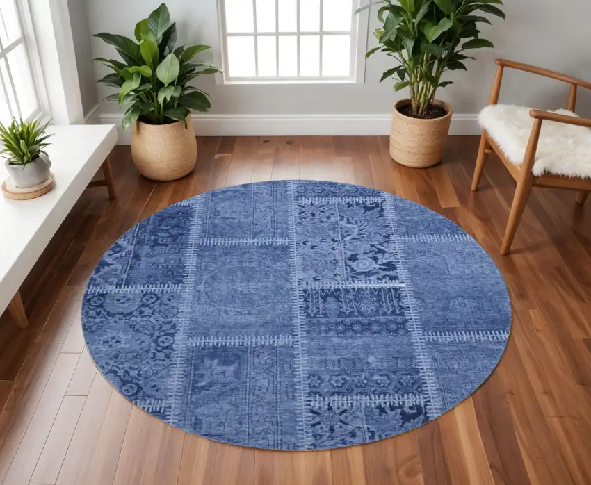 8' Navy Blue And Ivory Patchwork Washable Round Rug With UV Protection Photo 2