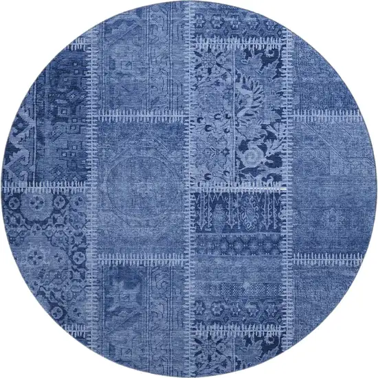 8' Navy Blue And Ivory Patchwork Washable Round Rug With UV Protection Photo 1