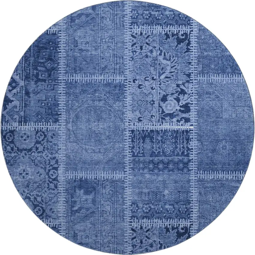 8' Navy Blue And Ivory Patchwork Washable Round Rug With UV Protection Photo 1