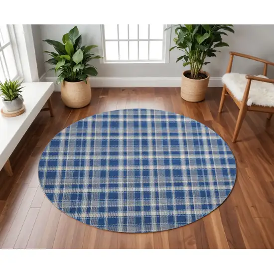 8' Navy Blue And Ivory Plaid Washable Round Rug With UV Protection Photo 2